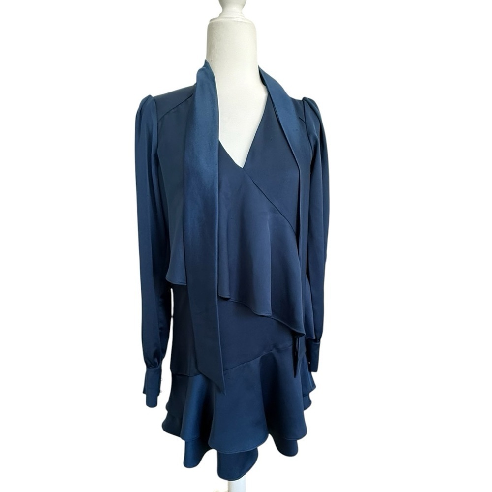 Parker Navy Blue Satin Mini Dress XS Tie Neck Long Sleeve Cascading Ruffle Hem - Picture 16 of 16